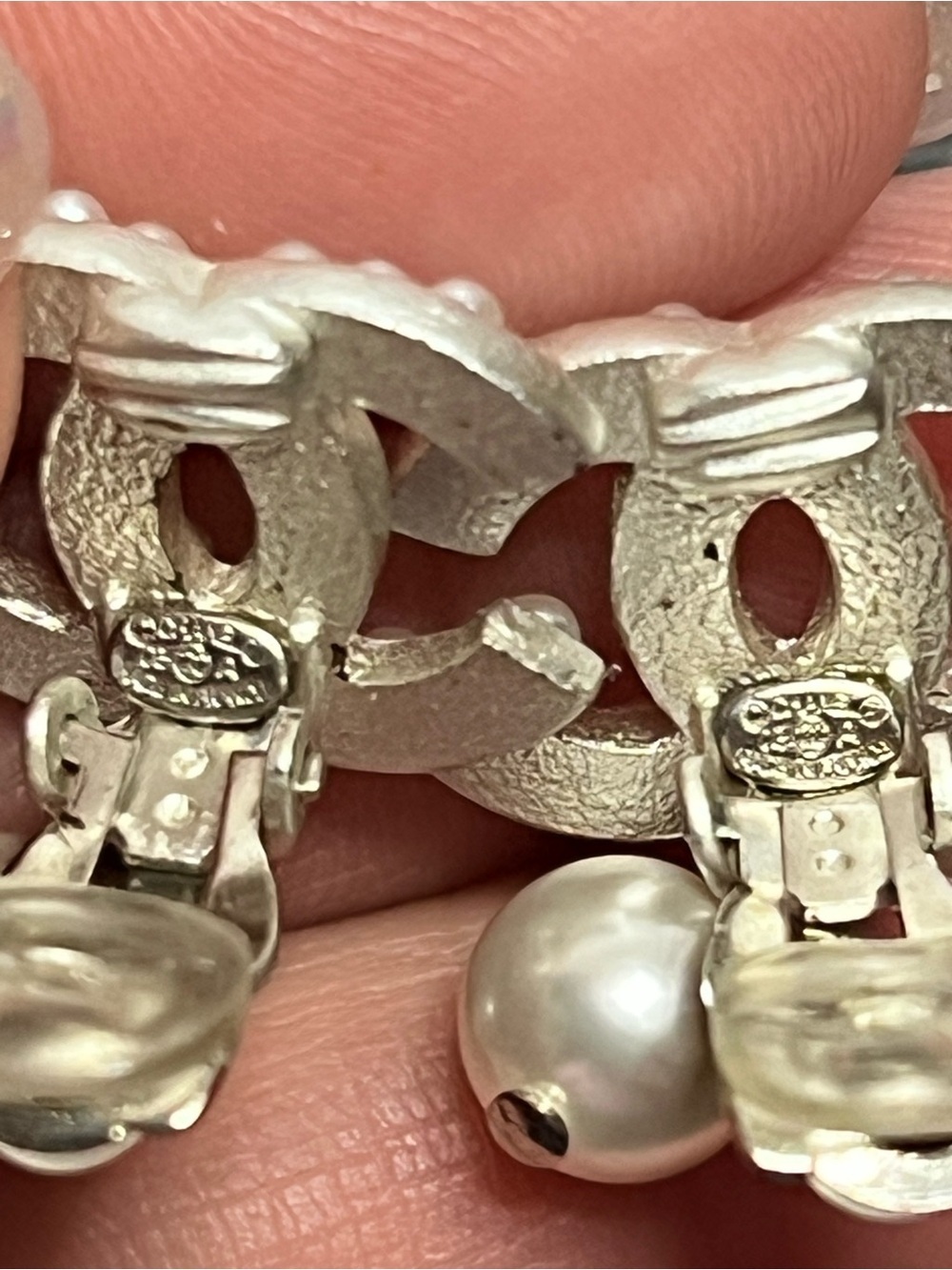 CHANEL Silver Pearl CC Logo Clip On Earrings with Pearl Drops with COA - Picture 7 of 8